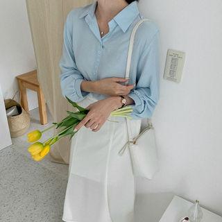 Balloon-sleeve Button-detail Silky Blouse