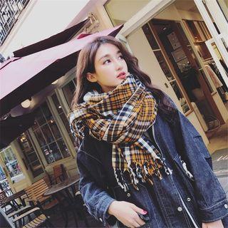 Plaid Fringed Scarf Plaid - Yellow - One Size