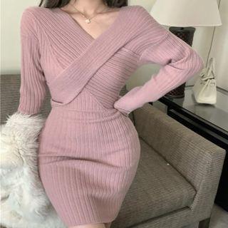 Long-sleeve V-neck Knit Mini Sheath Dress Pink - One Size