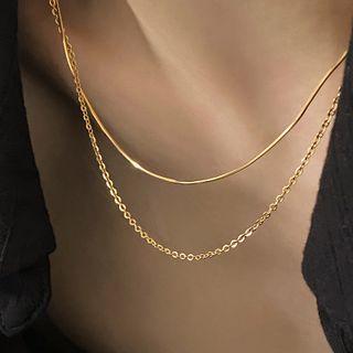 Layered Stainless Steel Necklace Double Layer - Gold - One Size