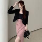 Plain Cropped Blazer / Camisole Top / Slit Midi Pencil Skirt