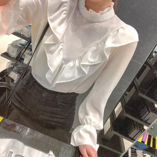 Stand-collar Frilled Crepe Blouse