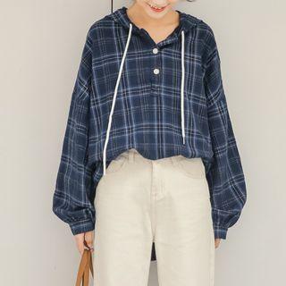 Plaid Buttoned Hoodie Blue - One Size