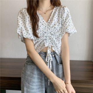 V-neck Ruched Front Floral Crop Top