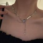 Heart Rhinestone Faux Pearl Stainless Steel Necklace