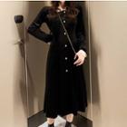 Long-sleeve Collared Velvet Midi A-line Dress Black - One Size