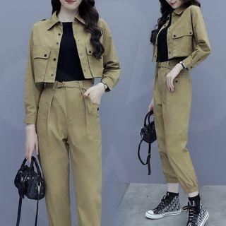 Set: Long-sleeve Single-breasted Cropped Jacket + High-waist Plain Cargo Pants With Belt