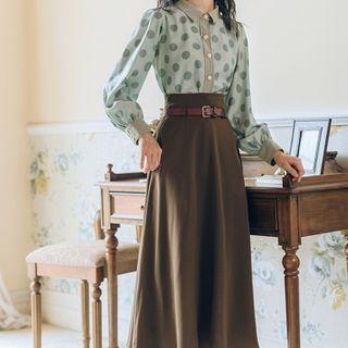 Set: Long-sleeve Dotted Shirt + Midi A-line Skirt