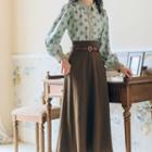 Set: Long-sleeve Dotted Shirt + Midi A-line Skirt