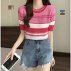 Short-sleeve Striped Knit Top Rose Pink - One Size