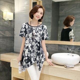 Print Short Sleeve Asymmetrical Hem T-shirt