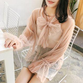 Set: Bow Accent Mesh Blouse + Camisole Top
