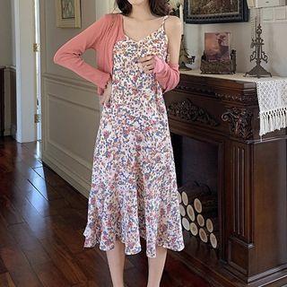 Spaghetti Strap Floral Print Midi A-line Dress / Cropped Cardigan