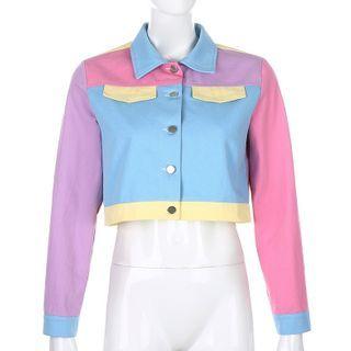 Long-sleeve Color Block Cropped Shirt