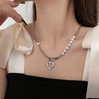 Faux Pearl Chain Necklace Necklace - Love Hear & Tfaux Pearl - Silver - One Size