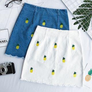 Pineapple Embroidered Denim Skirt