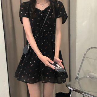 Short-sleeve Floral Mesh Mini Dress