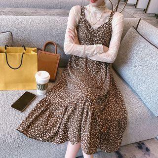 Mock-turtleneck Lace Blouse / Floral Print Pinafore Dress / Long-sleeve A-line Dress