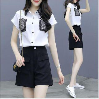 Set: Short-sleeve Sequined Shirt + Shorts
