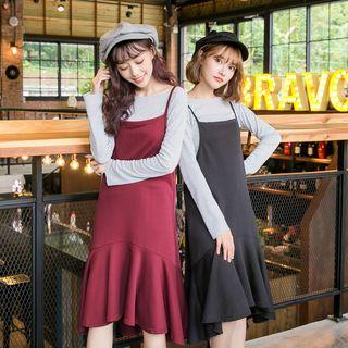 Set: Long-sleeve Pinstripe Top + Ruffle-hem Jumper Dress