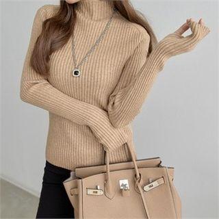 Mock-neck Thumb-hole Ribbed Knit Top