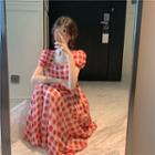Pattern Puff-sleeve Slim-fit Dress