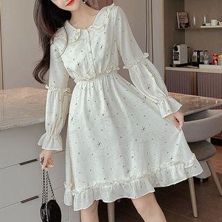 Long-sleeve Print Ruffled Dress