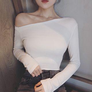 Long-sleeve Off Shoulder Plain T-shirt