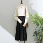 Set : Long-sleeve V-neck Plain Shirt + High-waist Plain Medium Maxi Accordion Pleat Skirt
