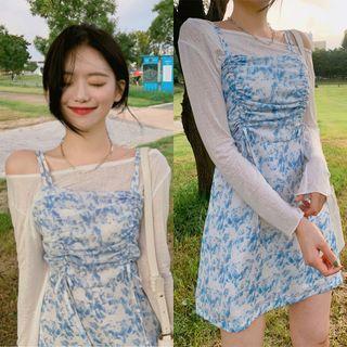 Long-sleeve Plain Cover-up / Tie Dye Drawstring Pinafore Dress