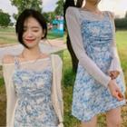 Long-sleeve Plain Cover-up / Tie Dye Drawstring Pinafore Dress