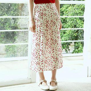 Heart Print Midi A-line Skirt Beige - One Size