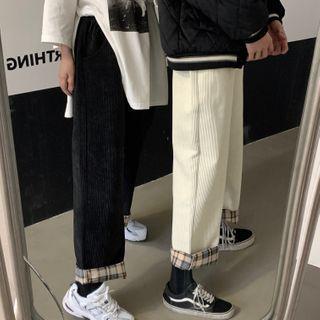 Plaid Roll-up Corduroy Wide-leg Pants