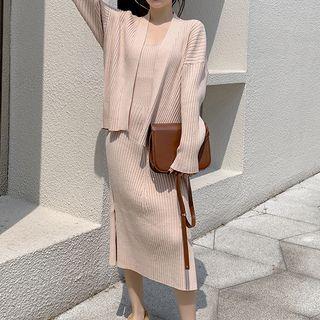 Set: Ribbed Cardigan + Wide Strap Slit Knit Sheath Dress