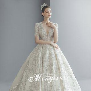 Short-sleeve Sequined Lace A-line Wedding Gown