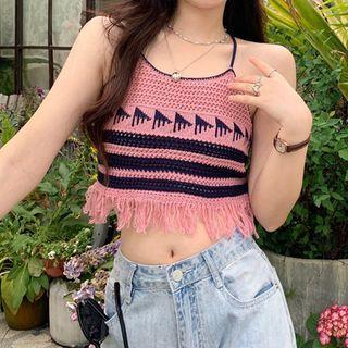Striped Fringed Hem Knit Cropped Halter Top Stripes - Pink - One Size