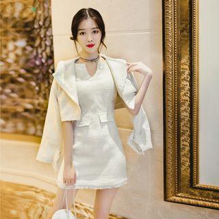 Set: Fringe-trim Tweed Jacket + Sleeveless Tweed Sheath Dress