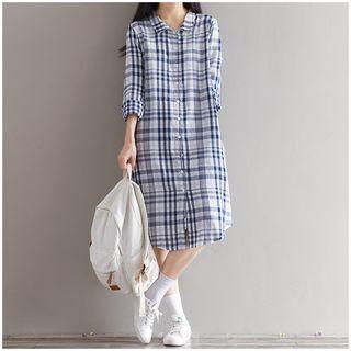Plaid Long-sleeve Midi Shirt Dress