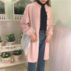 Plain Stand-collar Long-sleeve Loose-fit Shirt