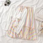 Long-sleeve Open Back T-shirt / Rainbow Striped Skirt