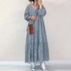 Puff-sleeve Eyelet Lace Maxi A-line Dress Blue - One Size