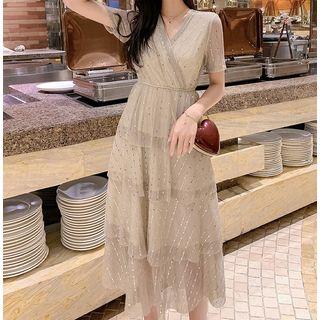 Short-sleeve Sequined Chiffon A-line Midi Tiered Dress