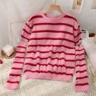 Striped Loose Knit Top With Sleeves Pink - One Size
