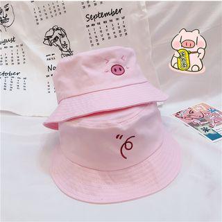 Pig Embroidered Bucket Hat Pink - One Size