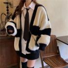 Color-block Loose-fit Cardigan Black & White - One Size