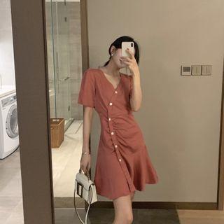 Short-sleeve Button-up V-neck A-line Mini Dress