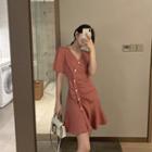 Short-sleeve Button-up V-neck A-line Mini Dress