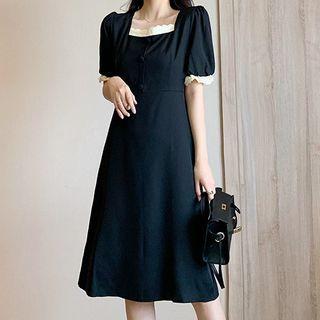 Square Neck Contrast Trim Midi A-line Dress