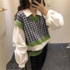 Mock Two-piece Houndstooth Knit Panel Shirt