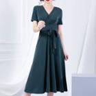 V-neck Short-sleeve Tie-waist Midi A-line Dress
